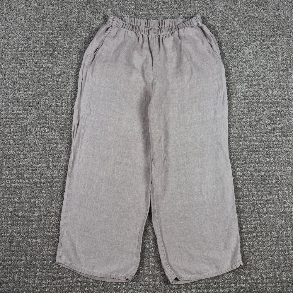 FLAX Pants Womens M Taupe Floods Wide Leg 100% Linen Lagenlook Cropped